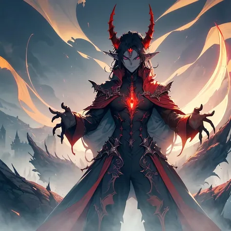 Masterpiece, high fantasy, evil artwork, epic and horrible, HD, high quality, best quality, solo character creature alone.
{{(A powerful daemon king, the daemon Mephisto:(appearance: scarlet-vordoux-red skin, upper body skin. has 2 golden fiery eyes. Very ...