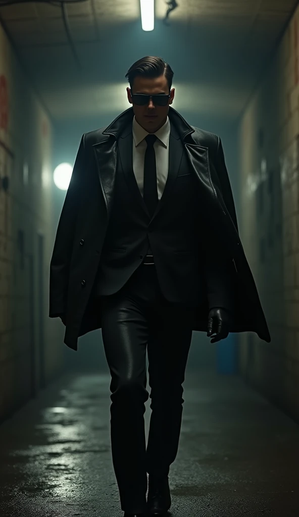 Young Gangster Boss in Leather Suit with Leather Gloves, Sunglasses, Business Shoes and Gun