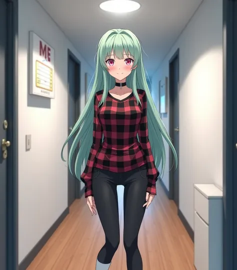 an 1 anime style woman, anime To love ru, He is standing, Next to it there is an entrance to a room and on the other side there is a white piece of furniture, Behind her there is a hallway and at the end a door, spotlights on, on the fifth floor of a white...