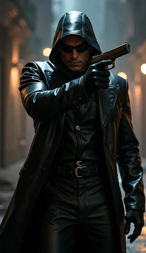 Killer in full black Leather with black Leather Gloves, Sunglasses and Gun