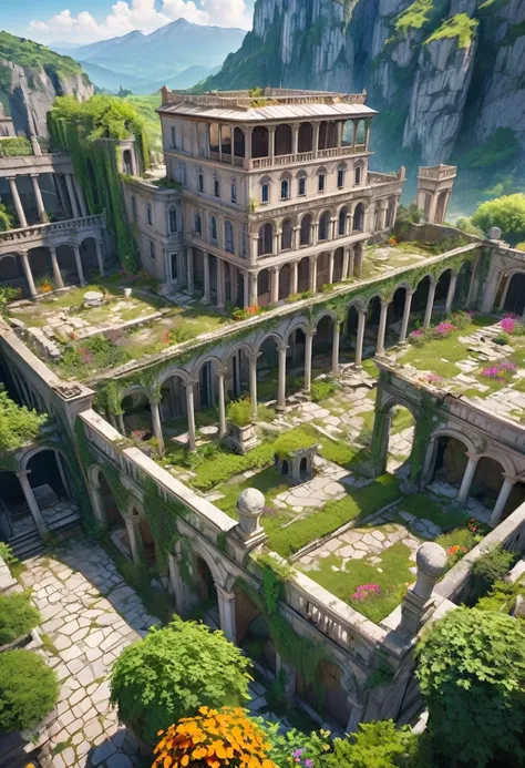 aerial view, fantasy roman stately house, grey stone, abandoned, ruins, under restoration, inner courtyard, vegetation, lianas, ...