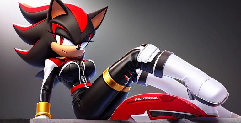 shadow the hedgehog but female,black fur with vertical red stripes,lateral fur bangs at faces both sides,white fur tuft on neck, big breasts,leather motorcycle outfit,white,red and black details,perfect female shape,thin waist,Slim and voluptuous girl,fing...