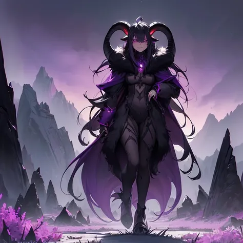 Masterpiece, high fantasy, evil artwork, epic and horrible, HD, high quality, best quality, solo character creature alone.
{{(A black goat of darkness:(appearance: animal dark goat body. Red goat-like eyes with purple pupils. Very long ram curved horns. Lo...