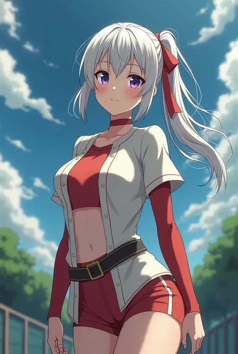 HD、Animation style、white hair 、Purple Eyes、girl、plump breasts 、High school student 、single ponytail、Baseball player、Light color short sleeve top、Long sleeve red underwear、Good shape、Thin、sash、Sky、cloud、sunny、plump breasts、Navel exposed、dazzler、Breasts expo...