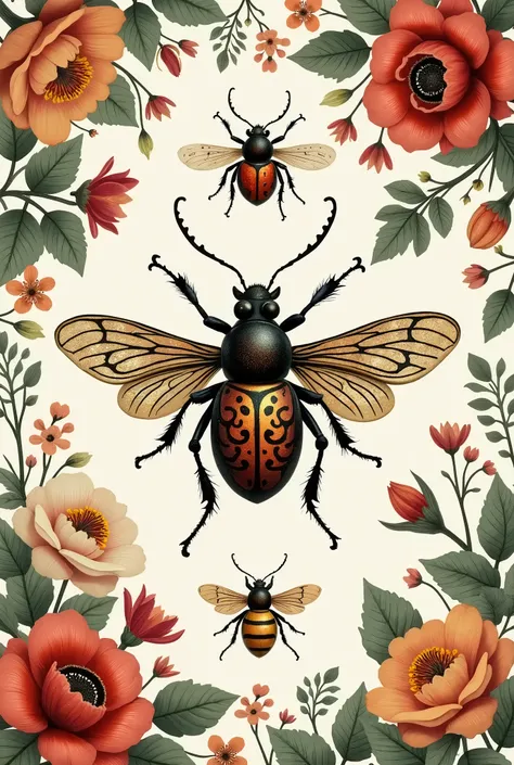 floral print with beetle insects, ladybug, borboleta, beetle, bee, all with internal tile designs, delicate chic and antique style, add touches of smaller flowers and more greenery, in a square format, flowers and leaves everywhere, insects spread
