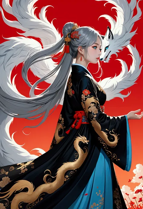 (Mythical Beast), Nine-tailed Fox, Dynamic body shape, (Chinese Monster), female beauty, splashed Ink, Chinese, 1 Girl, ((whole body), ((2.5D)), Flowing grey hair, beautiful blue eyes, Exquisite eyes, Delicate silhouette, Fantasy Art, (Black and 24k gold a...