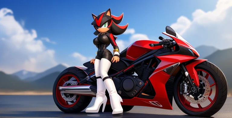 shadow the hedgehog but female,black fur with vertical red stripes,lateral fur bangs at faces both sides,white fur tuft on neck, big breasts,leather motorcycle outfit,white,red and black details,perfect female shape,thin waist,Slim and voluptuous girl,fing...