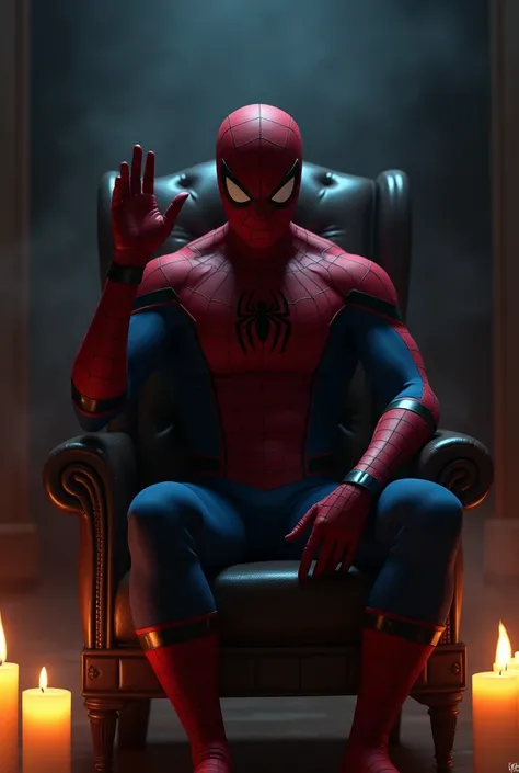 Can you create an image for me? The council has decided that Spider-Man with candles is sitting in a chair with one hand up facing forward and the other holding a piece of paper? 
