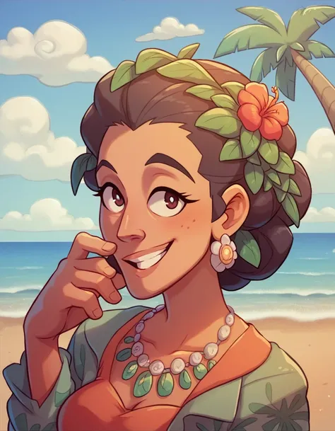 masterpiece, best quality, very detailed, illustration, sea, deserted tropical island, paradise island. Woman as Robinson Crusoe. Nice facial expression. Smile, happy eyes. He makes a fire by rubbing two pieces of wood together