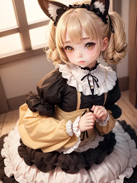 cute little lolita、Girl with kawaii lolita style、Bob Hair、lolita、Sweet、Double vertical roll,, Golden Eyes, 、Blushing, Animal Ears, 幸せ/喜び, 