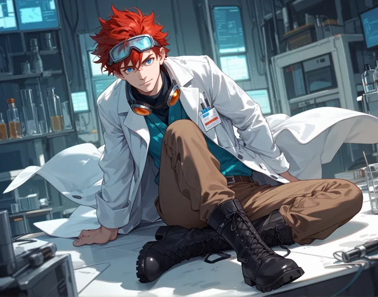 A man with messy red hair,blue eyes,lab coat, brown pants,black boots, goggles, One lens of the goggles is red and the other lens is blue., mad scientist,he is alone 