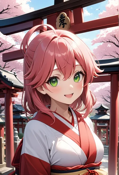 high quality、One girl, Sakura Miko、turn around、smile、Wave、High resolution、 cute、Pink Hair、Green Eyes、Cherry blossom trees、shrine