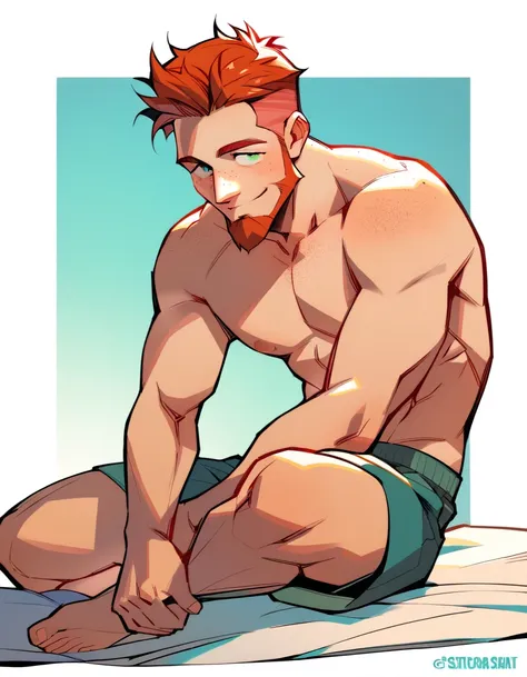 a thin caucasian redhead man, sfw, mature, short beard, slim anatomy, freckles, green eyes, deep eyes, dorky, naughty expression...