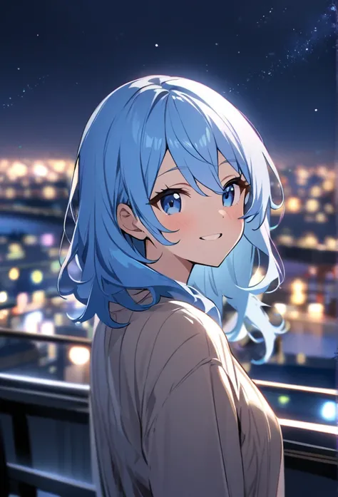 high quality、One girl, Star Town Suisei、turn around、smile、Wave、High resolution、 cute、Light blue hair、Blue Eyes、Night Sky、Night view