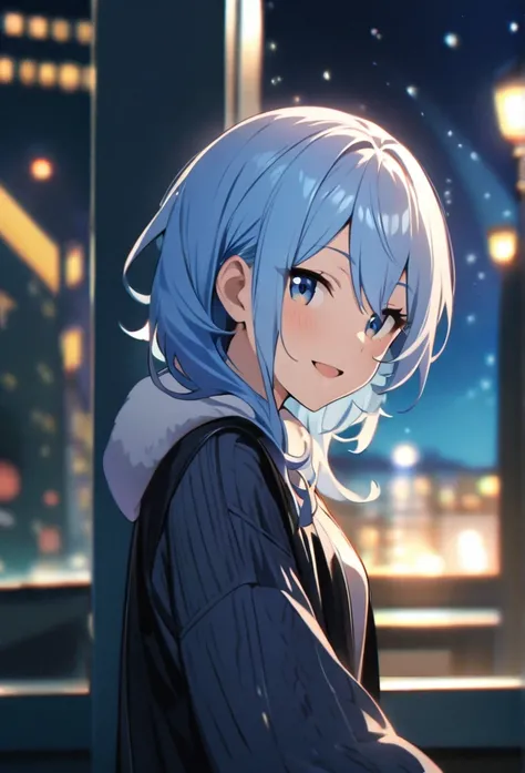 high quality、One girl, Star Town Suisei、turn around、smile、Wave、High resolution、 cute、Light blue hair、Blue Eyes、Night Sky、Night view