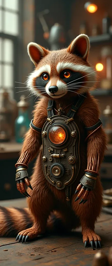 A photo of a vintage laboratory with a copper raccoon. The raccoon is made of copper wiring and tiny vacuum tubes. It has rotating dials and flickering lights for eyes. Its fur is made up of intricately woven copper wires. Its tail is a series of interlock...