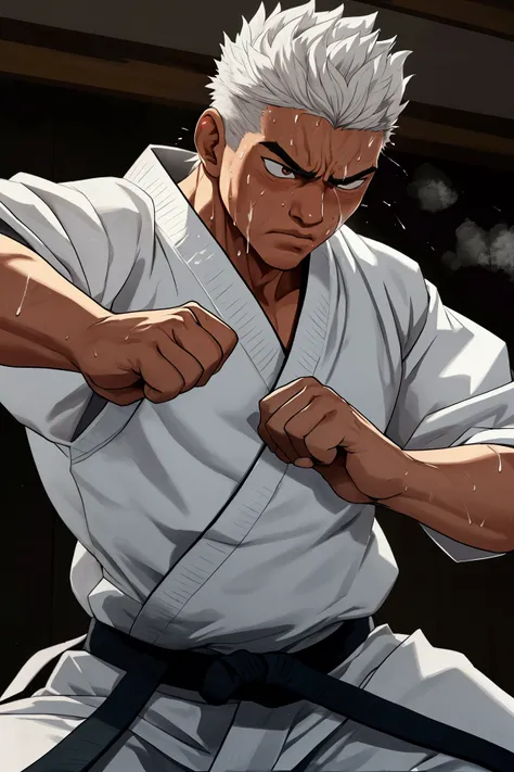 A white belt karateka using the basic move "Oi Zuki" (Direct Punch) me not. I want sweat dripping down the side of his face and a look of effort, I also want a wind movement effect around the punch. I want it sideways and inside a Dojo.