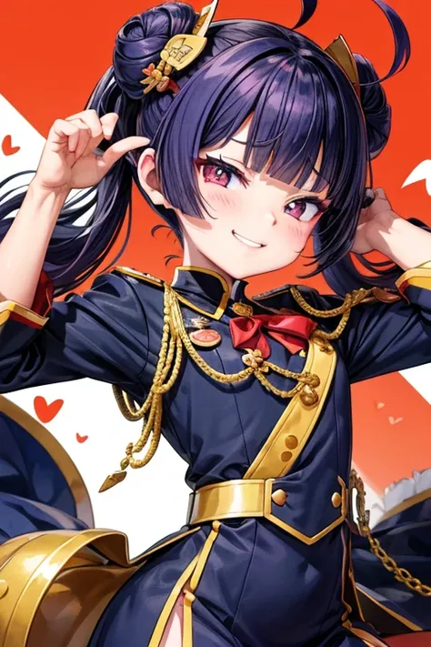 Military uniform, hime cut, (ruri gokou),whole body、Do not expose skin、Heart mark in the eyes、Hide your hands、Emphasize the breast、
Ahoge, Bangs, Hime cut, Hime cut, Hime cut, Hime cut, Hime cut, Ultramarine eyes、chest, Double bun hairstyle, Asymmetrical h...