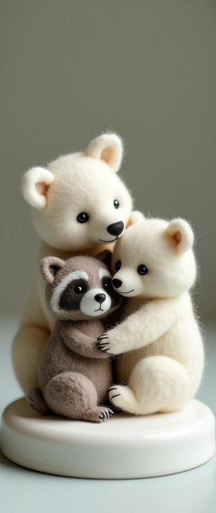 A charming and nostalgic scene featuring a 3D rendered photograph of two exquisitely crafted felted animal sculptures. A cute extra fluffy baby realistic raccoon is curled up beside a captivating polar bear, sharing a tender moment. The polar bears ears ar...