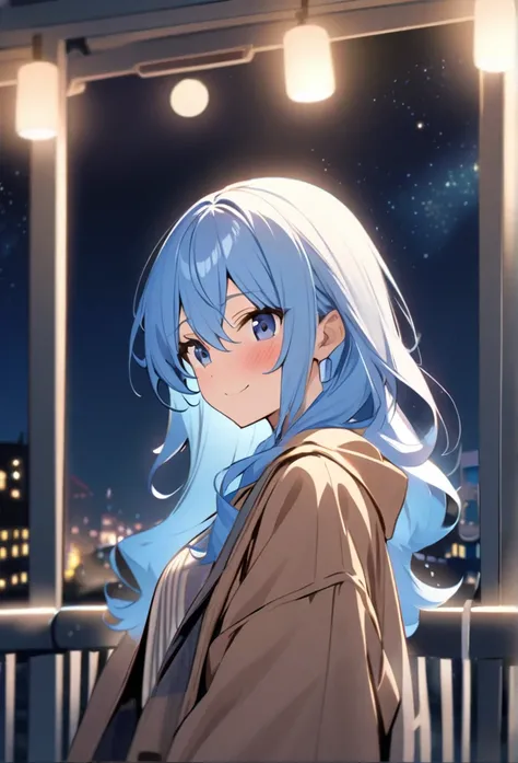 high quality、One girl, Star Town Suisei、turn around、smile、Wave、High resolution、 cute、Light blue hair、Blue Eyes、Night Sky、Night view、Semi-long hair、Blushing