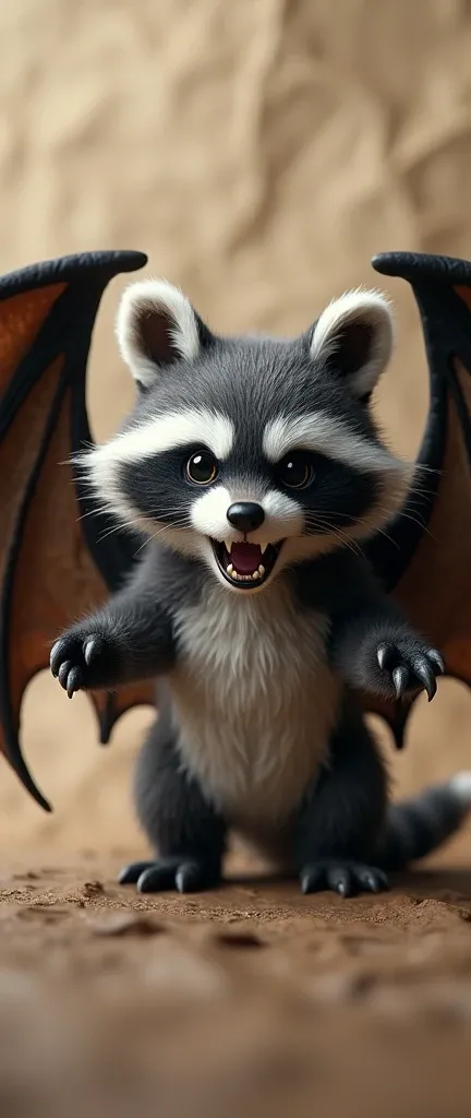 A photo of a creature that appears to be a fusion of a cute extra fluffy baby raccoon and a bat. The creature has furry features resembling a raccoon, with large, bat-like wings spread out behind it. The creature is positioned centrally, with its wings spr...