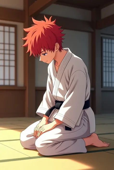 Full size A judoka teen red haired boy in a long judo uniform in white dress and black belt with cock bulge on his pants in anime style, Bowing in the dojo