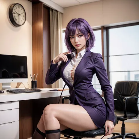 Ayane, purple hair, (best quality, ultra-detailed), (realistic:1.37), beautiful and detailed face, ultra-realistic texture, delicate face, delicate body, red lipstick, long-lasting colors. high definition, 8K. expression with a sexy look