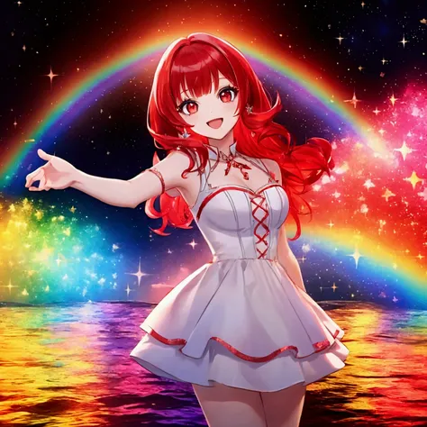 transgender girl, medium hair, red hair with bangs, sparkling background,  rainbow, shine and lights, happy expression