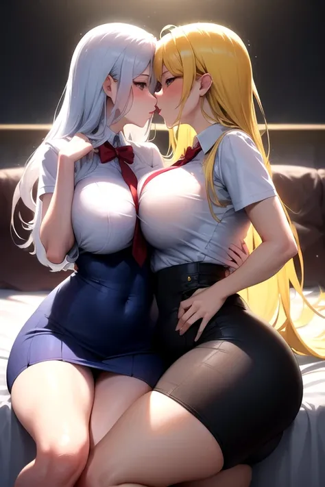 lesbian (very long loose yellow hair)(big breasts, big thighs)(with school uniform clothes it is very tight) that he is kissing and touching his parts at school with his girlfriend(that they are in a very sexy and compromising position with their girlfrien...