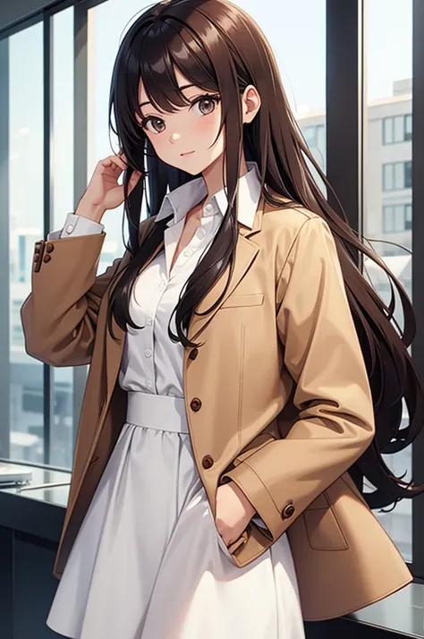 white dress shirt, brown jacket