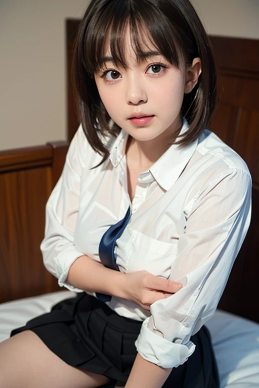 software, One girl,  masterpiece, Very detailed, Absurd, High image quality, (Ai-chan:1.5), Pretty girl, Beautiful detailed eyes, Short black hair, Layered Hair, Fluffy hair, bangs, Glossy lips, Pleated skirt, uniform, shirt, Sitting on the bed with knees ...