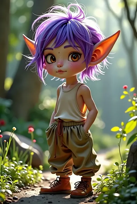 Elf short purple gaare, green areas, Freckles, 1,60m tall , baggypants, tanktop
