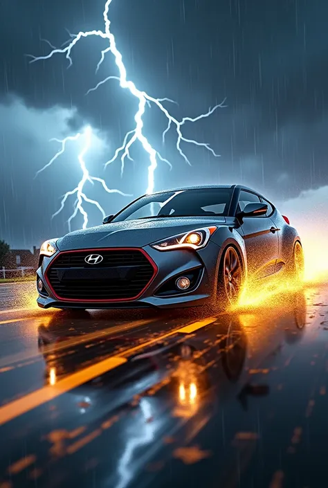 Veloster speeding through a lightning storm with yellow fire flames