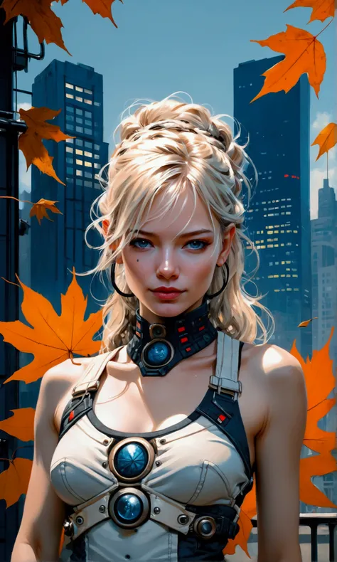 closeup, samdoesarts style beautiful woman, in a park with orange leafs , by jeremy mann, by sandra chevrier, by dave mckean and richard avedon and maciej kuciara, white tank top and jeans, high detailed, 8k