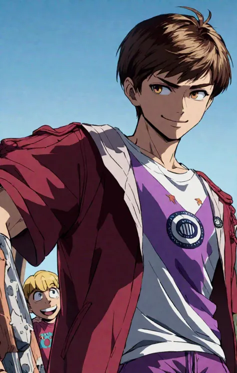 Handsome man with short hair, blond and dark yellow, big eyes, Argentinean T-shirt with her old burgundy jacket, shorts, broken boots, and with a happy character smiling. anime cartoon style 