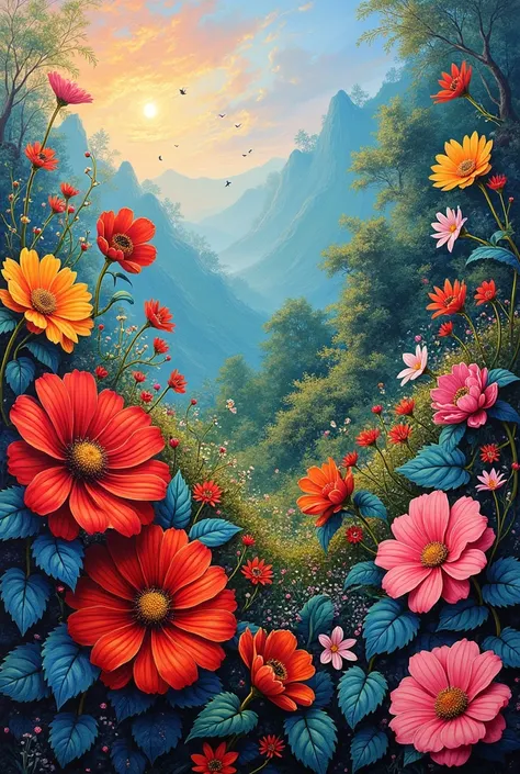 beautiful detailed flowers, vibrant colors, puntura style, Romero Britto inspired, Van Gogh style, impressionist, highly detailed, oil painting, lush foliage, breathtaking scenery, dynamic composition, intricate petals, bold brushstrokes, vivid palette, so...