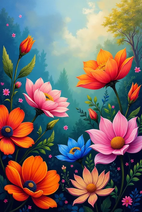 beautiful detailed flowers, vibrant colors, puntura style, Romero Britto inspired, Van Gogh style, impressionist, highly detailed, oil painting, lush foliage, breathtaking scenery, dynamic composition, intricate petals, bold brushstrokes, vivid palette, so...