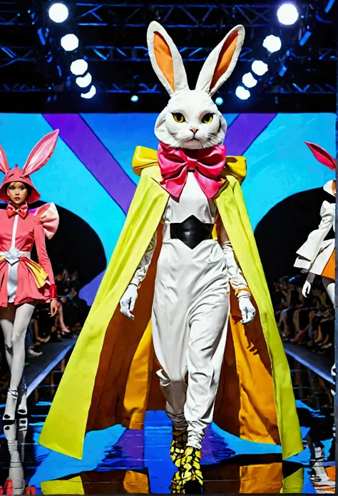 "Create a video of various animals, such as cats, dogs, and rabbits, walking upright like humans on a fashion show runway. Each animal is dressed in vibrant, anime-inspired costumes with exaggerated accessories like oversized bows, capes, and neon-colored ...