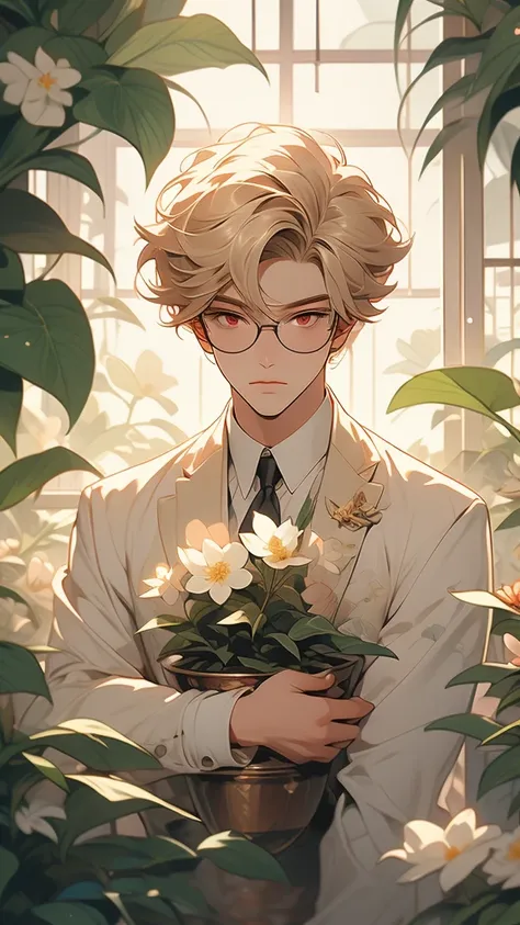 extremely delicate and beautiful, Amazing, finely detail, masterpiece, ultra-detailed, highres,best illustration, best shadow,intricate,sharp focus,  high quality, 1male, solo, blond hair. red eyes, kaveh genshin impact, glass greenhouse, flowers in pots, ...