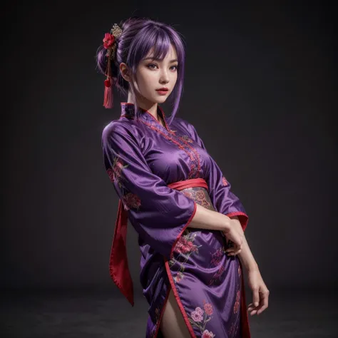 Ayane, purple hair, (best quality, ultra-detailed), (realistic:1.37), beautiful and detailed face, ultra-realistic texture, delicate face, delicate body, red lipstick, long-lasting colors. high definition, 8K. expression with a sexy look