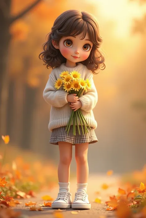 Beautiful girl,  from 10 to 15 years, with beautiful brown eyes, Hair with well-combed curls, dressed in a white sweater with long sleeves, beautiful hands, a bouquet of yellow daisies . short skirt with checks, tennis shoes and white socks ..symbolizes au...