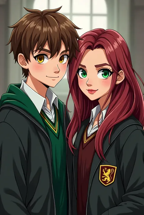 A Slytherin student next to a Gryffindor student. The male character with brown hair, short and bangs and yellow eyes. The female character with burgundy red hair, long and green eyes. The lines of the cartoon drawing