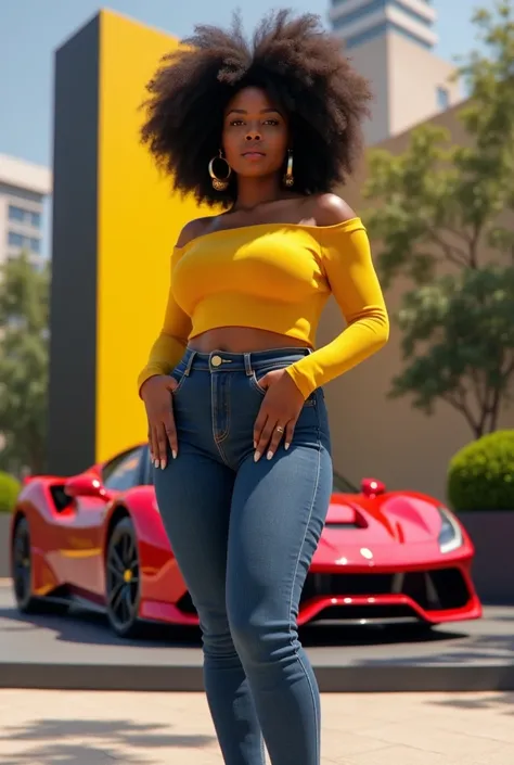 A curvaceous Black woman in a vibrant yellow off-shoulder fitted top paired with high-waisted skinny jeans, and accessorized with chunky gold hoop earrings. She rocks bold, natural curls and stands confidently close to a ferrari purosangue in front of a mo...