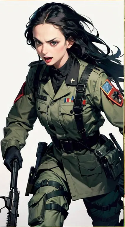 military girl, crazy face, holding a gun, futuristic war, commander, 44, Creepy girl