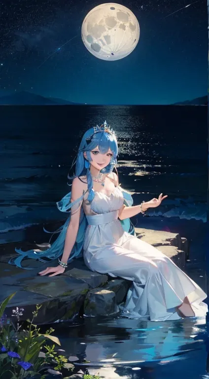 1 girl, blue hair, blue eyes, very long hair, side bangs, flower hairpins, pearls on the hair, sitting on a rock, ocean, moonlight, sky, lots of stars in the sky, moon in the sky, tiara, necklace, pearl bracelets, heart shaped bubbles in the air, smile, bi...