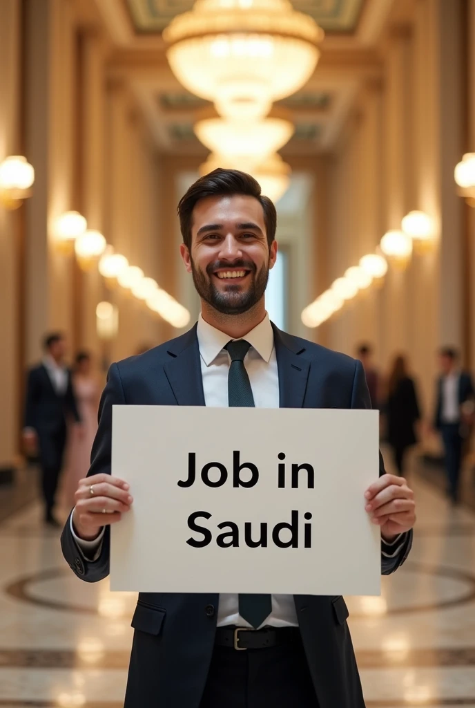 front view of a smiling young man holding a job in saudia sign in a saudi hotel