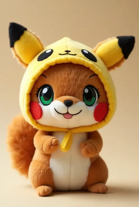 Brown squirrel doll with green eyes, with his yellow pikachu-design hood and his two teeth sticking out