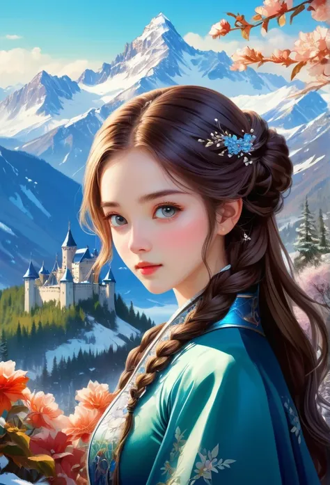 Thousand Flower Glass Style，((masterpiece)),best quality, illustration, dark, 1 girl, In the wilderness,Mountain High,Snow-capped mountains in the distance, castle, Beautiful and delicate eyes,  Beautiful and delicate hair,