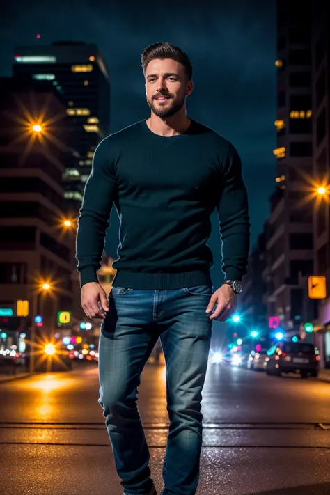 1man, RAW photo, portrait of a charismatic male fitness model, 30 years old，small beard, Sexy and charming expression，gloomy eyes，Blue eyes, captured laughing in a street at night, wearing a dark blue sweater, night city lighting, cinematic and moody, (bes...