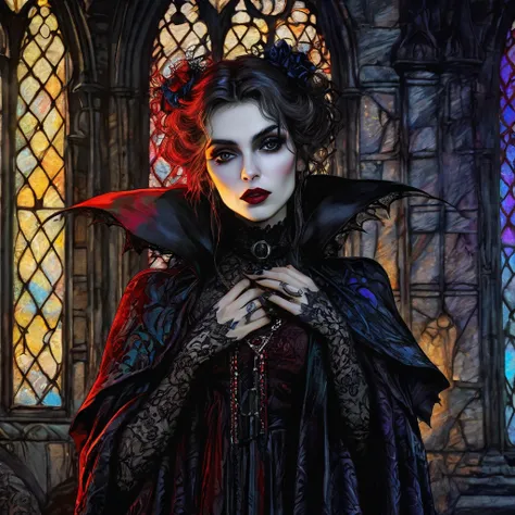 a woman in cashmere, gothic art style, highly detailed, gothic art, Arthur Rackham, gothic vampire, gothic oil painting, gothic portrait, unreal engine, intricate, colorful lighting,